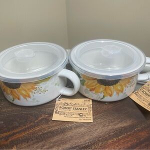 Pair of Robert Stanley Ceramic Sunflower Bowl with Lid - Yellow Floral